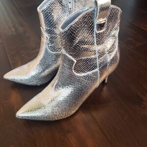 Guess Silver Snake-Effect Pointed Ankle Booties